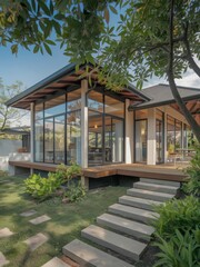 Obraz premium Modern Contemporary Home with Floor-to-Ceiling Windows and Beautiful Landscaping