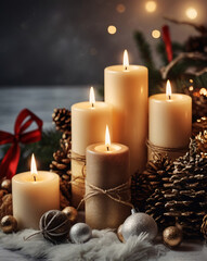 Christmas candles and lights decor. post card and collage template.celebration background.copy space