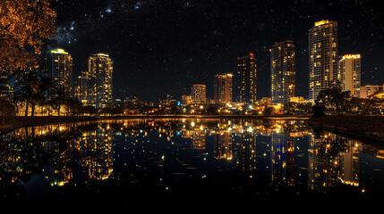 Obraz premium High resolution photograph of city skyline at night with reflections in water. vibrant lights create stunning visual effect against dark sky
