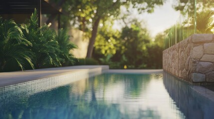 Tranquil poolside sunset scene.