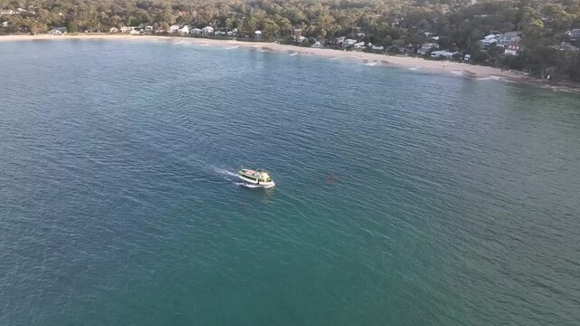 Simpsons Bay aerial view of the sheltered beach and Port Hacking, Bundeena, NSW Australia