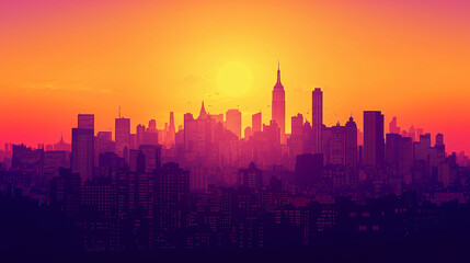 Fototapeta premium vibrant cityscape at sunset, showcasing skyscrapers and glowing skyline. warm hues of orange and purple create stunning backdrop, evoking sense of wonder and tranquility