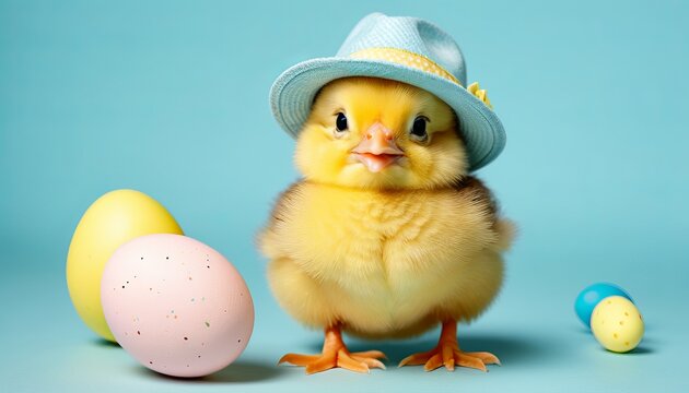 Adorable chick wearing hat with easter eggs on turquoise background