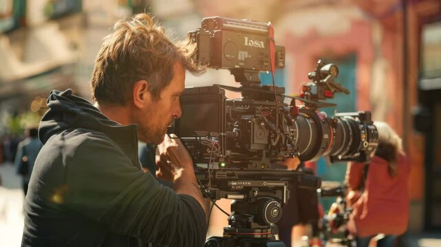 Film crew team with light man and cameraman working together with director in big studio, video production