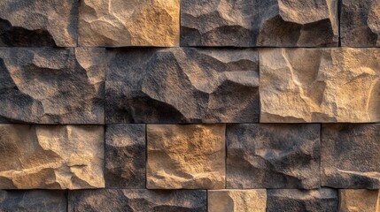 textured rock wall pattern with chunky, block-like stones in shades of rich dark brown and light tan, arranged in a rough yet structured .