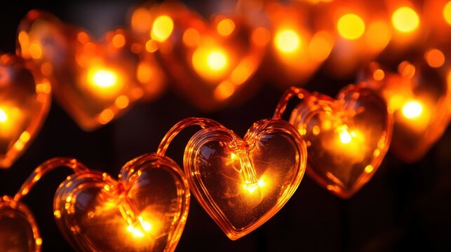 twinkling amber fairy lights with heart-shaped bulbs arranged in a looping border, each light radiating warmth and charm, ideal for romantic or festive celebrations