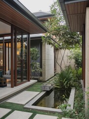 Obraz premium Modern Contemporary Home with Floor-to-Ceiling Windows and Beautiful Landscaping