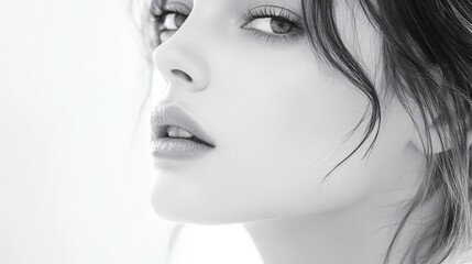 Close-up monochrome portrait of a young woman's face, showcasing her soft features and subtle makeup.
