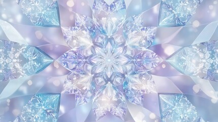 a dazzling kaleidoscope pattern in shades of icy blue, lavender, and silver, within of white that resemble snowflakes.