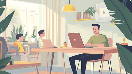 Fototapeta premium Father working from home on his laptop while watching his kids play in the background capturing the reality of work life 