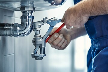 Professional plumber in blue overalls repairs sink pipes with tools in modern home interior