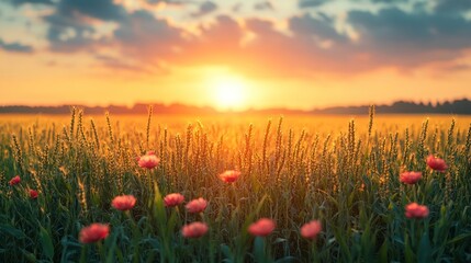 Obraz premium Golden Sunset over a Field of Wheat and Wildflowers