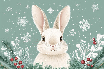 White Rabbit with Holly and Snowflakes Background