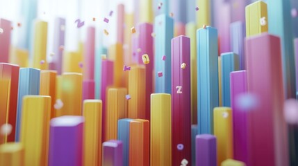 Obraz premium Colorful 3D bar graph with floating elements, representing data visualization and analysis.