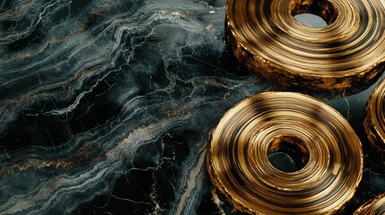 a polished gold and ebony wood ring pattern layered on a smooth, jet-black marble texture. The dark, glossy marble enhances the shine of the golden tree rings.