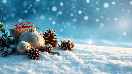 Christmas background with ornaments, pine cones, presents. Christmas background	
