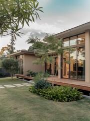 Obraz premium Modern Contemporary Home with Floor-to-Ceiling Windows and Beautiful Landscaping