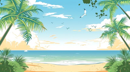 Obraz premium A cartoon-style tropical beach scene with palm trees.