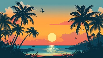 A colorful illustration of a tropical beach scene at sunset.