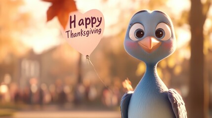 Cute cartoon bird holding a "Happy Thanksgiving" heart balloon.