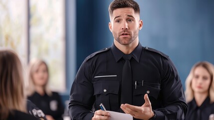 Cyberbullying Protection Concept, Police Officer Delivering an Educational Talk on Cybercrime Awareness to Engage the Community and Enhance Public Knowledge on Safety and Security Measures