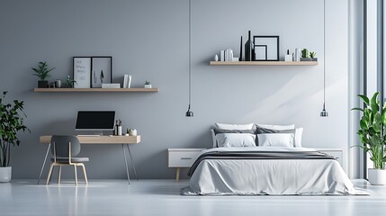 Fototapeta premium Beautiful Colored Mockup Bedroom Interior Blank Poster Decoration Art Background Image, generative AI