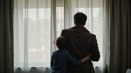 Father and son looking out window