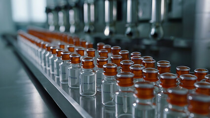 Fototapeta premium Close-Up View of Vials on a Pharmaceutical Production Line for Medicine Manufacturing