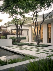 Fototapeta premium Modern Contemporary Home with Floor-to-Ceiling Windows and Beautiful Landscaping