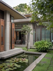Fototapeta premium Modern Contemporary Home with Floor-to-Ceiling Windows and Beautiful Landscaping