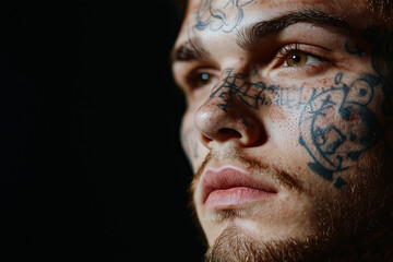 Obraz premium Portrait of tattoo man with piercing on the body, Selective focus gangster with permanent tattoo on face, Close up shot bad boy.