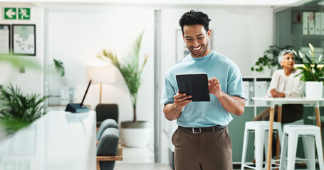 Creative, office and man with tablet, smile or planning online schedule at design agency. Scroll,...