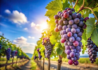 Naklejka premium Minimalist Photography of Purple Grapes on Vine in Serene Vineyard Setting