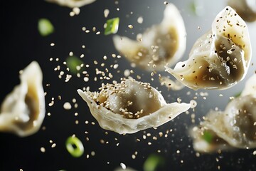 Floating Delights: A Culinary Dance of Sesame-Crusted Dumplings. Experience the exquisite flavors and textures in this captivating food photography.