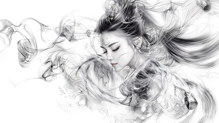 Line art of serene Japanese shrine maiden with flowing hair, surrounded by ethereal elements, capturing moment of tranquility and grace