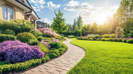 Fototapeta premium Charming Formal Garden with Well-Maintained Pathway