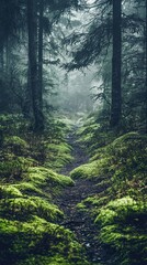 Obraz premium Enchanted Forest Path: A Misty Trail Through Lush Greenery
