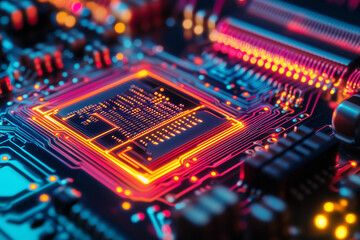 Obraz premium Neon electronic circuit board with light path on board, Selective focus colorful circuit board with bokeh light.