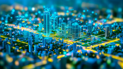 Obraz premium Miniature city with digital grid overlays, glowing lines and futuristic smart technology.