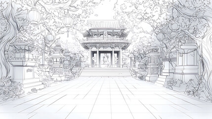 Fototapeta premium serene line art illustration of Japanese temple gate surrounded by lush trees and lanterns, capturing tranquil atmosphere