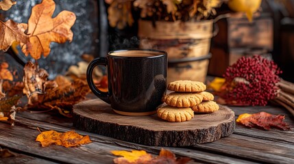 Cozy Autumn Scene with Coffee and Cookies on Wooden Table