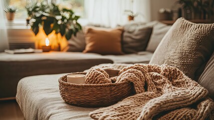 Cozy Living Room With Knitted Blanket And Wicker Basket