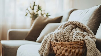 Obraz premium Cozy Living Room with Knitted Blanket and Wicker Basket