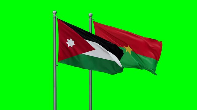 Burkina Faso and Jordan flags flying together, video concept of the relationship with colored chroma key for easy background remove