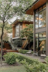 Obraz premium Modern Contemporary Home with Floor-to-Ceiling Windows and Beautiful Landscaping