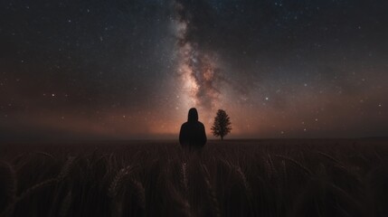 Fototapeta premium Silhouetted figure standing in a field, gazing at the breathtaking Milky Way stretching across the star-filled night sky.