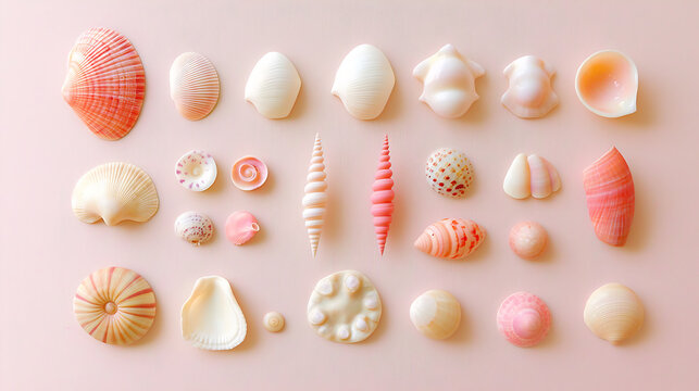 beautiful seashell collection featuring various shapes and colors, arranged neatly on soft pink background. delicate details and pastel hues evoke sense of tranquility and nature artistry