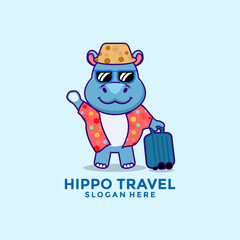 Hippo Travel Cartoon logo vector, Mascot Hippo Traveler with floral pattern shirt and travel bag logo design template