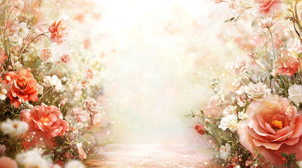 serene garden path adorned with blooming flowers, creating tranquil and enchanting atmosphere. soft colors and gentle light evoke sense of peace and beauty