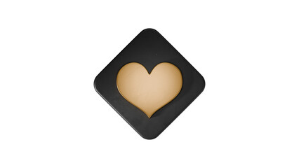 Like button in a minimalistic design. A golden heart inscribed in a black square. Objects are textured and physical, high quality 3d render, top view. Design element for presentations, social networks